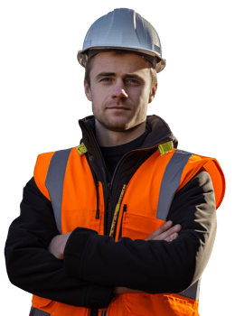 A young male construction worker in helmet stands on a transparent background png