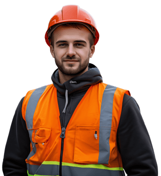 A young male construction worker in helmet stands on a transparent background png