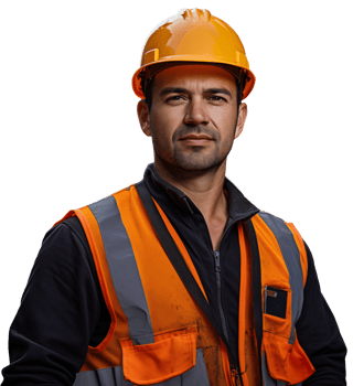 A young male construction worker in helmet stands on a transparent background png