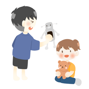 a boy and girl are playing with a teddy bear and robot png