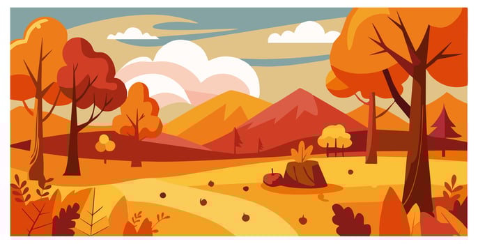autumn landscape with mountains, colorful trees, clouds, and a pumpkin in the foreground. Flat design with vibrant fall colors vector