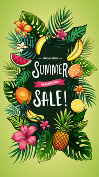 Summer sale banner, discount poster template. Hand drawn background with tropical fruits, leaves and flowers. Special offer vector