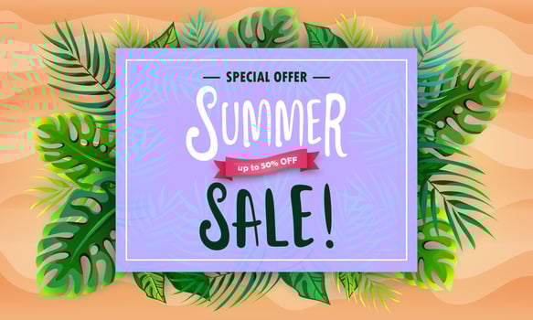 Special offer coupon. Summer sale banner template. Hand drawn background with top view on frame of tropical leaves and sea sand. Discount vector
