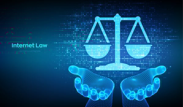 Internet law icon made with binary code in hands. Cyberlaw as digital legal services or online lawyer advice concept. Labor law, Lawyer, Attorney at law. Streaming digital code. illustration. vector