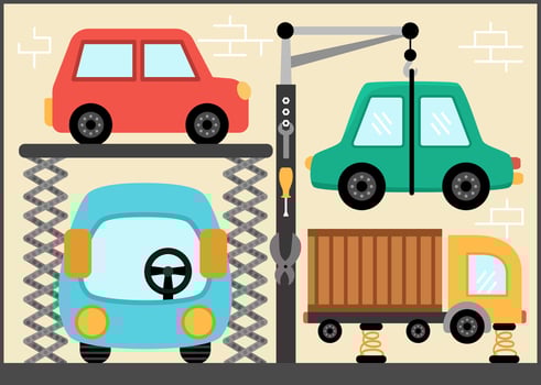 Car service illustration for kids. Vehicle repair scene with cute bus and truck. Workshop with transport and instruments, tools. Garage with transportation standing on lift jacks vector