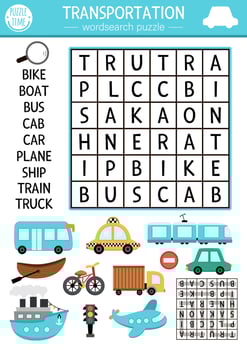 transportation wordsearch puzzle for kids. Simple word search quiz. Educational activity with plane, ship, car, bus, boat, bike, cab, truck. Cross word with city transport vector