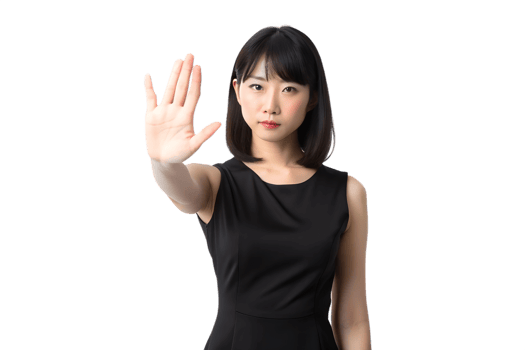 A sophisticated Japanese girl in a sleek black dress gracefully raises her hand in a gentle yet firm stop gesture, transparent background png