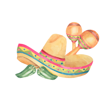 Traditional Mexican sombrero in watercolor. Ethnic hat with maracas and jalapeno. Aquarelle clipart. Design for printing, postcards, Cinco de Mayo, tourism png
