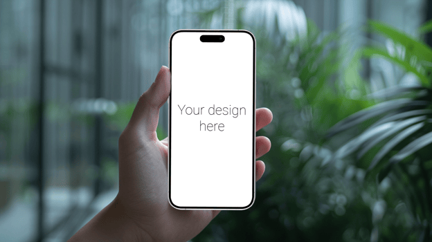 Mockup of white smartphone in person's hand Plants on background psd