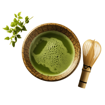 Matcha Green Tea in Traditional Bowl with Bamboo Whisk Isolated on Transparent Background. Concept of Japanese Tea Ceremony and Healthy Beverage. png