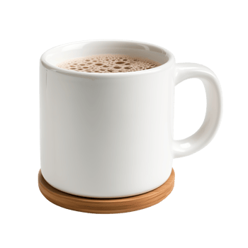White Mug with Hot Chocolate on Wooden Coaster Isolated on Transparent Background png