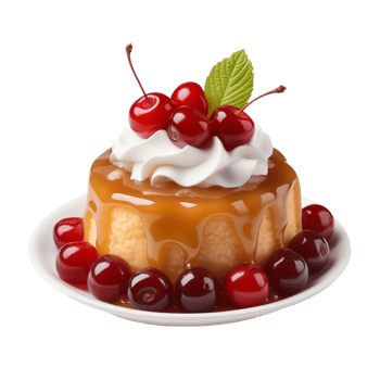 Caramel Flan with Whipped Cream and Cherries on Isolated Transparent Background png