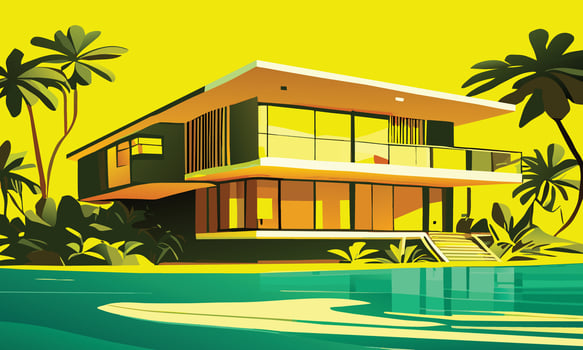 Modern bungalow in yellow shades on the ocean. graphics vector