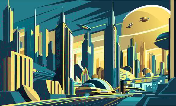 Abstract illustration on the theme of a fantastic cityscape against a blue sky. vector