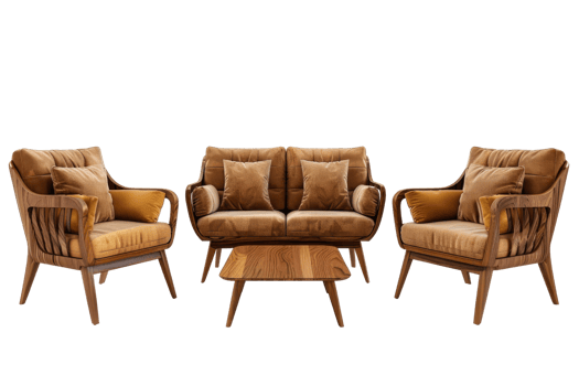 Brown Velvet Sofa Set with Wooden Frame png