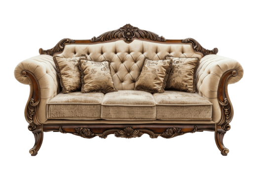 Classic Baroque Sofa with Carved Wooden Frame and Beige Upholstery png