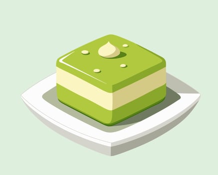 Piece of square matcha green tea layered cake on a plate. Cartoon style illustration. vector