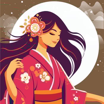 Flat drawing of a young japanese woman with wild windy hair and a pink kimono under moonlight. vector