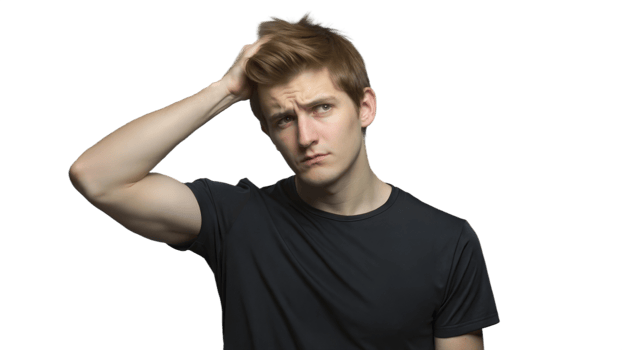 Young Man Scratching His Head With Confused Expression While Wearing A Black T-Shirt png