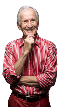 Senior Man in Red Striped Shirt Smiling and Holding Chin png