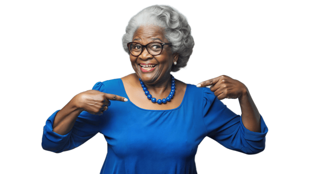 Smiling Senior Woman Wearing Glasses Points to Herself in a Blue Blouse png