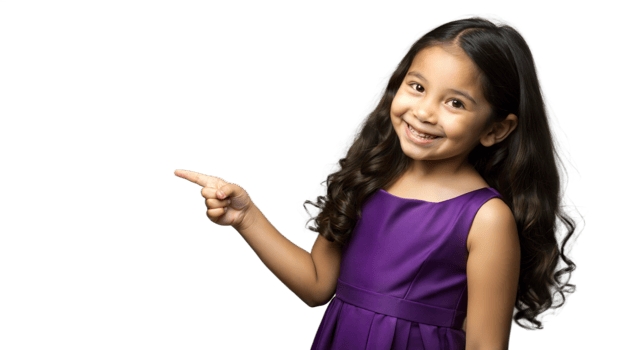 Smiling Young Girl In Purple Dress Points To The Right png