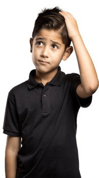 Young Boy in Black Polo Shirt Scratching Head and Thinking png