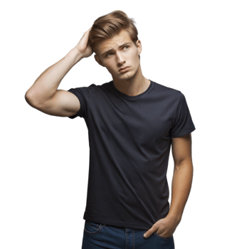 Young Man With Blonde Hair Wearing a Black T-Shirt and Jeans, Looking Up and Scratching His Head in Thought png