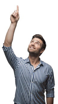 Man in Striped Shirt Pointing Upwards With a Smile png