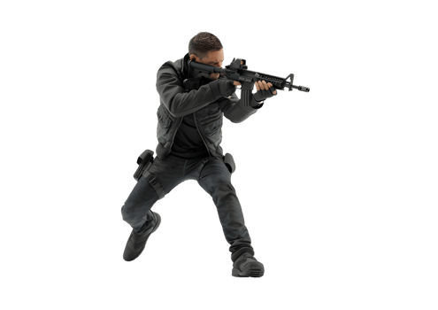A man holding a rifle with a serious expression. Isolated on transparent background png