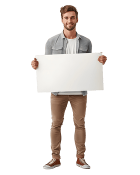 Smiling man holding a blank sign. Isolated on transparent background png
