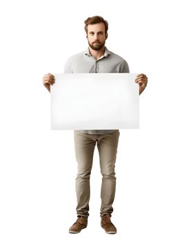 Man Holding Blank Sign. Isolated on transparent background png