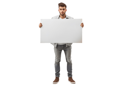 Young man holding blank sign. Isolated on transparent background png