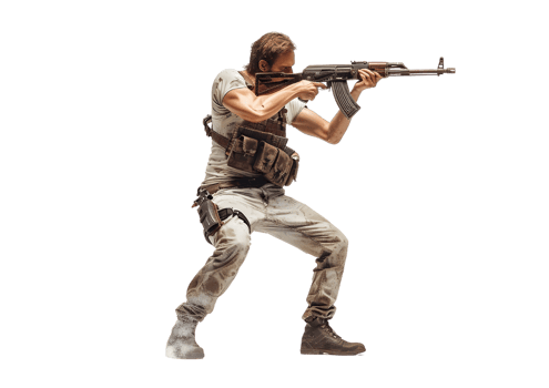 Armed soldier aiming with rifle. Isolated on transparent background png
