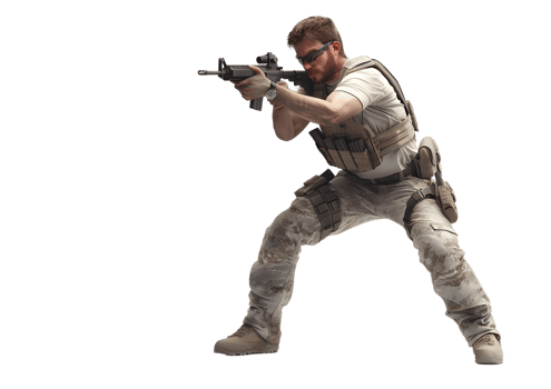 Soldier aiming rifle in a tactical stance. Isolated on transparent background png