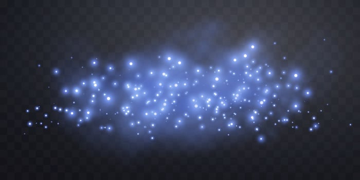 Blue glittering dots, particles, stars, magic sparks with smoke. Glow flare light effect. Blue luminous points in fog. vector