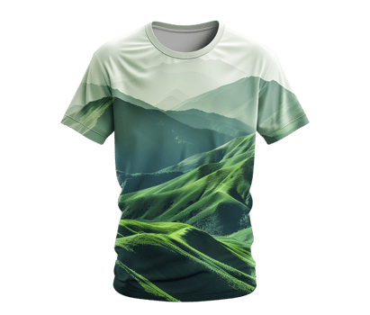 Green mountain landscape printed on t-shirt mockup. Isolated on transparent background png
