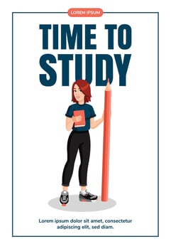 Young woman with huge pencil and book. Education, knowledge, student concept Flyer design. Training concept banner, promo, advertising, leaflet. vector