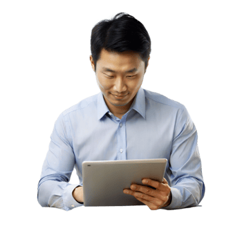 Man in a shirt using a digital tablet png