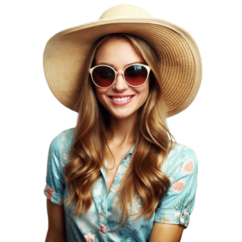Woman in a sun hat and sunglasses smiling png