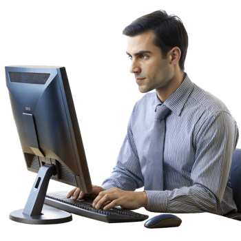 Man focused on desktop computer work png