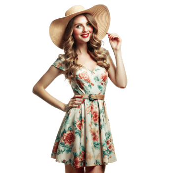 Woman in a summer dress and hat smiling confidently png