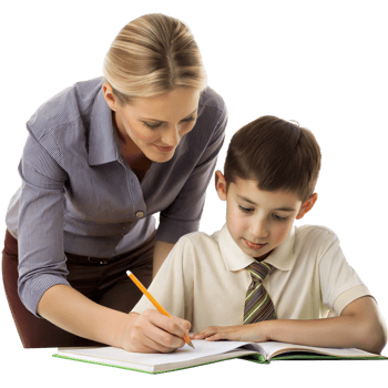 Teacher guiding a young student with a homework assignment png
