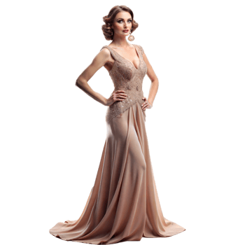 Elegant woman in a formal gown posing confidently png
