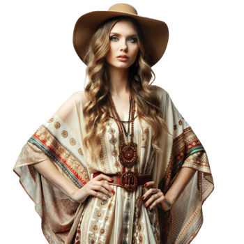 Woman in a bohemian outfit posing confidently png