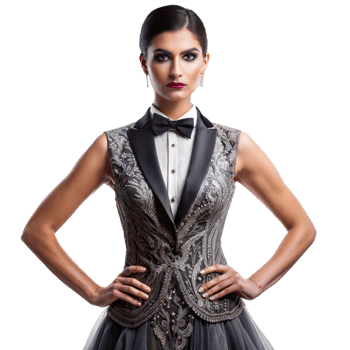 Woman in an elegant dress standing with hands on hips png