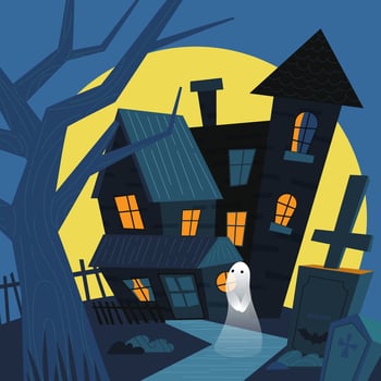 A Halloween haunted house flat illustration where ghosts are wandering in the graveyard at night vector
