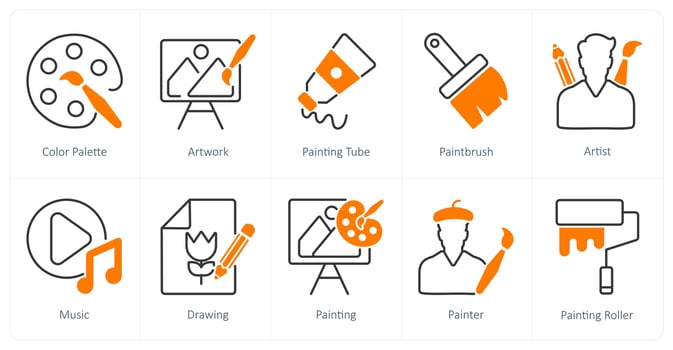 A set of 10 art icons as color palette, artwork, painting tube vector