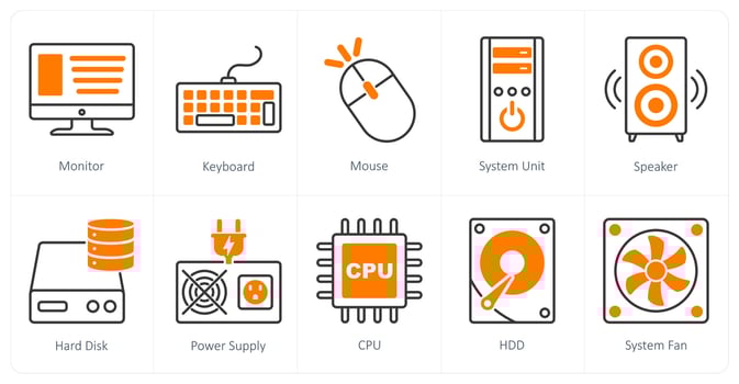 A set of 10 Computer Parts icons as monitor, keyboard, mouse vector