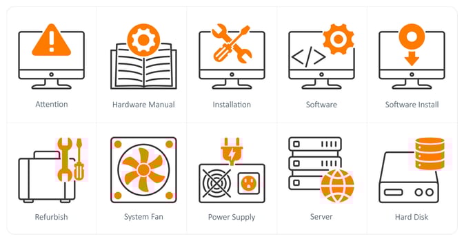 A set of 10 Computer Parts icons as attention, hardware manual, installation vector